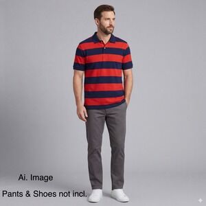 Lands' End Men L Tall Polo Shirt Red Navy Striped Golf Nautical Dark Prep Sporty